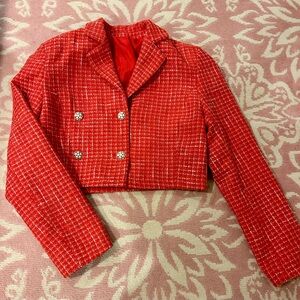 Elegant Red Tweed Cropped Blazer